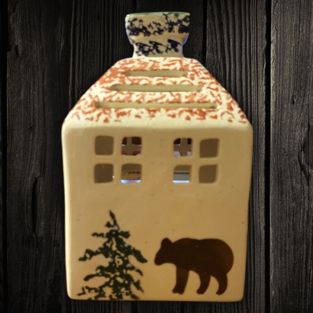 Vtg Ganz Tea Light/Candle-Holder Ceramic Bear Pine Trees House Square